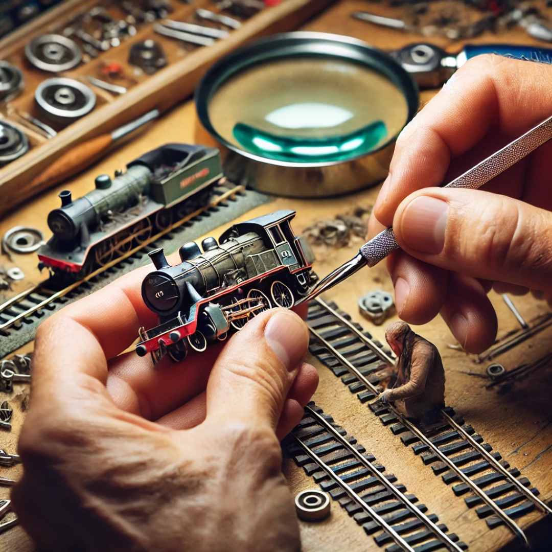 A professional close-up of an N scale model train undergoing servicing on a neatly organised workbench. Tiny tools such as fine-tipped tweezers, miniature screwdrivers, and a magnifying glass are used to handle the delicate components. The disassembled train reveals small wheels, a motor, and intricate details, emphasising the precision required for servicing N scale models.