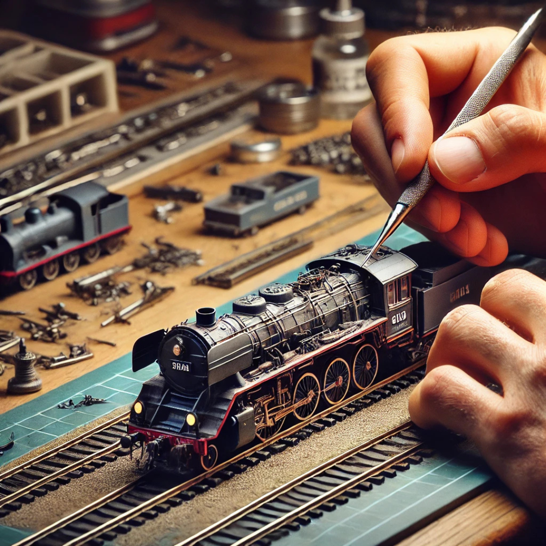 Close-up of a person repairing an OO Gauge model train using precision tools on a workbench, with neatly arranged spare parts and other model trains in the background.