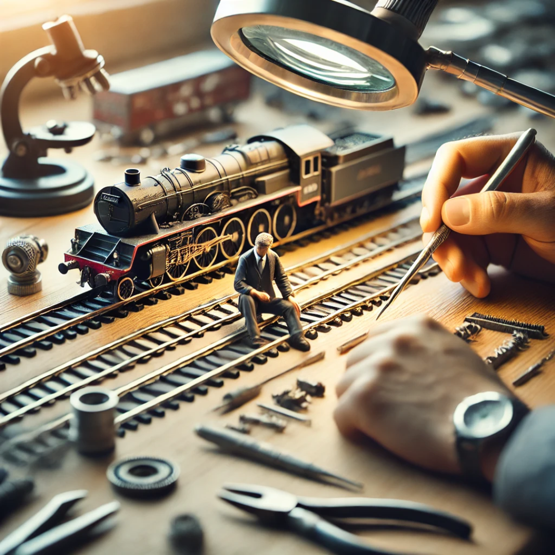 A detailed close-up of an OO gauge model train being serviced on a well-lit workbench. Various precision tools, including screwdrivers, pliers, and a magnifying glass, surround the disassembled train. The scene highlights intricate components like wheels, gears, and the motor, conveying precision and expert craftsmanship.