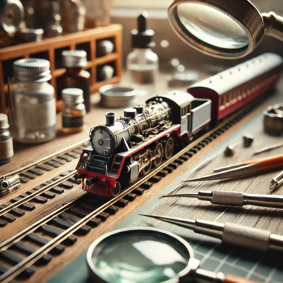 A professional close-up of an N scale model train undergoing servicing on a neatly organised workbench. Tiny tools such as fine-tipped tweezers, miniature screwdrivers, and a magnifying glass are used to handle the delicate components. The disassembled train reveals small wheels, a motor, and intricate details, emphasising the precision required for servicing N scale models.